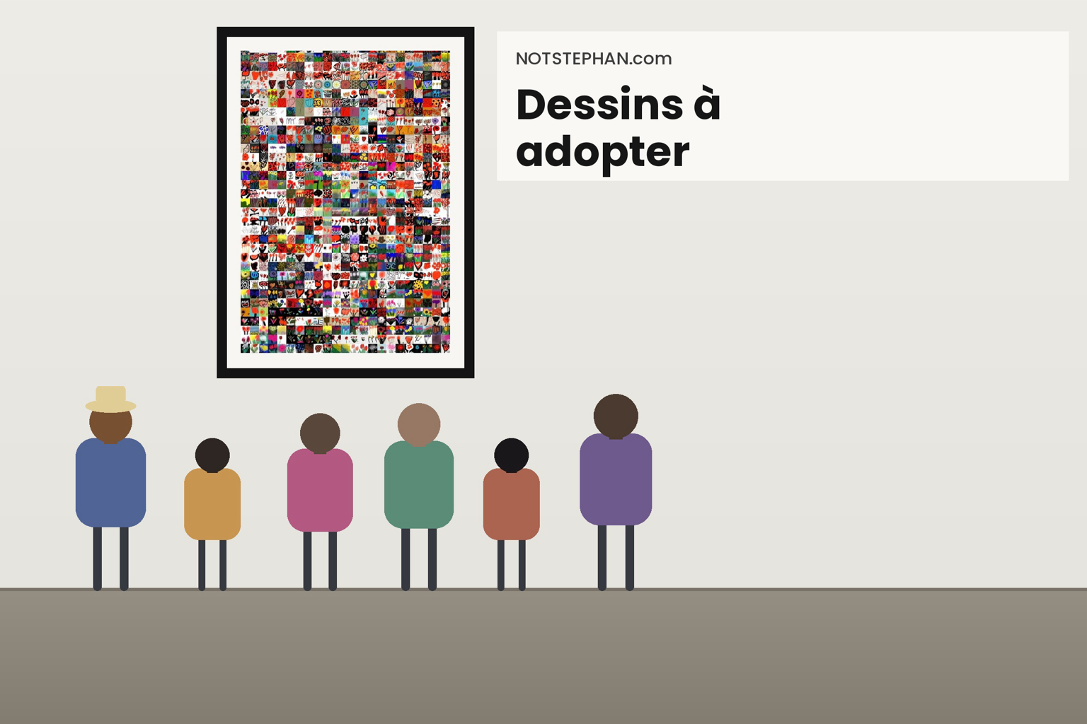 Dessins à adopter — exposition NOTSTEPHAN avec visiteurs devant une œuvre