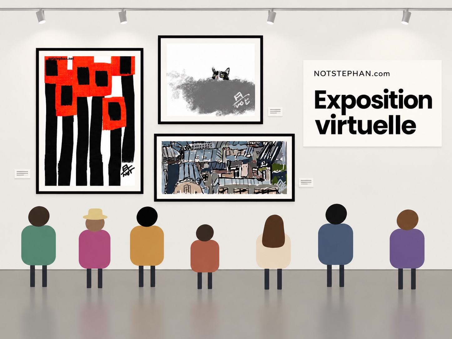 Exposition virtuelle NOTSTEPHAN : trois dessins encadrés, visiteurs et cartel Dessins à adopter