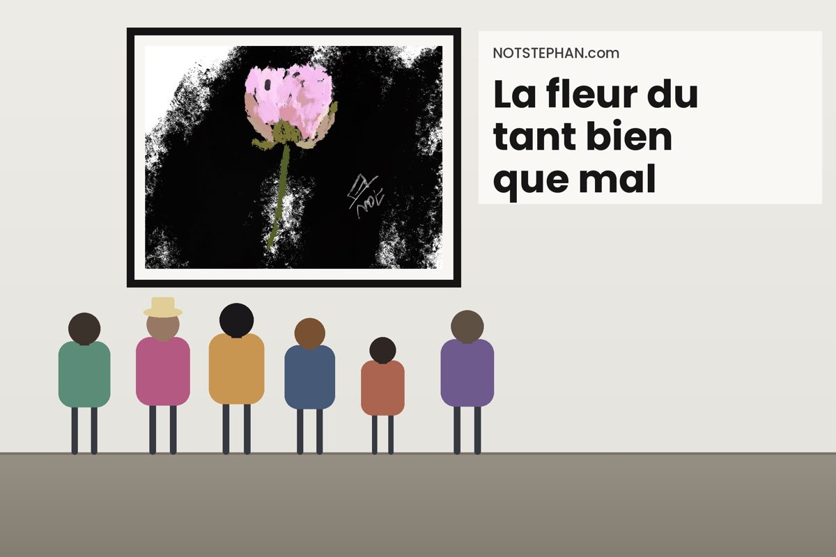 La fleur du tant bien que mal : une œuvre NOTSTEPHAN exposée devant six visiteurs