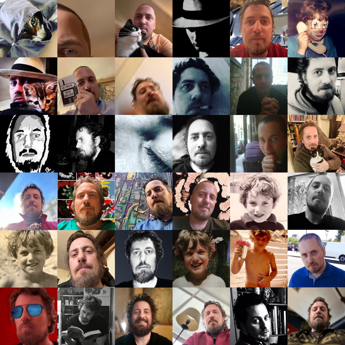 Mosaïque de photographies de Stephan Logereau au fil des années, avec ses chats, ses dessins et des souvenirs d’enfance.